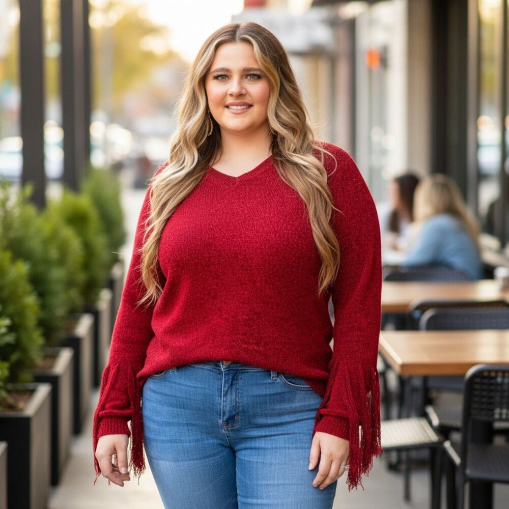 L&B Lucky & Blessed Soft V-Neck Maroon Sweater with Fringe on Sleeves, Size 3X